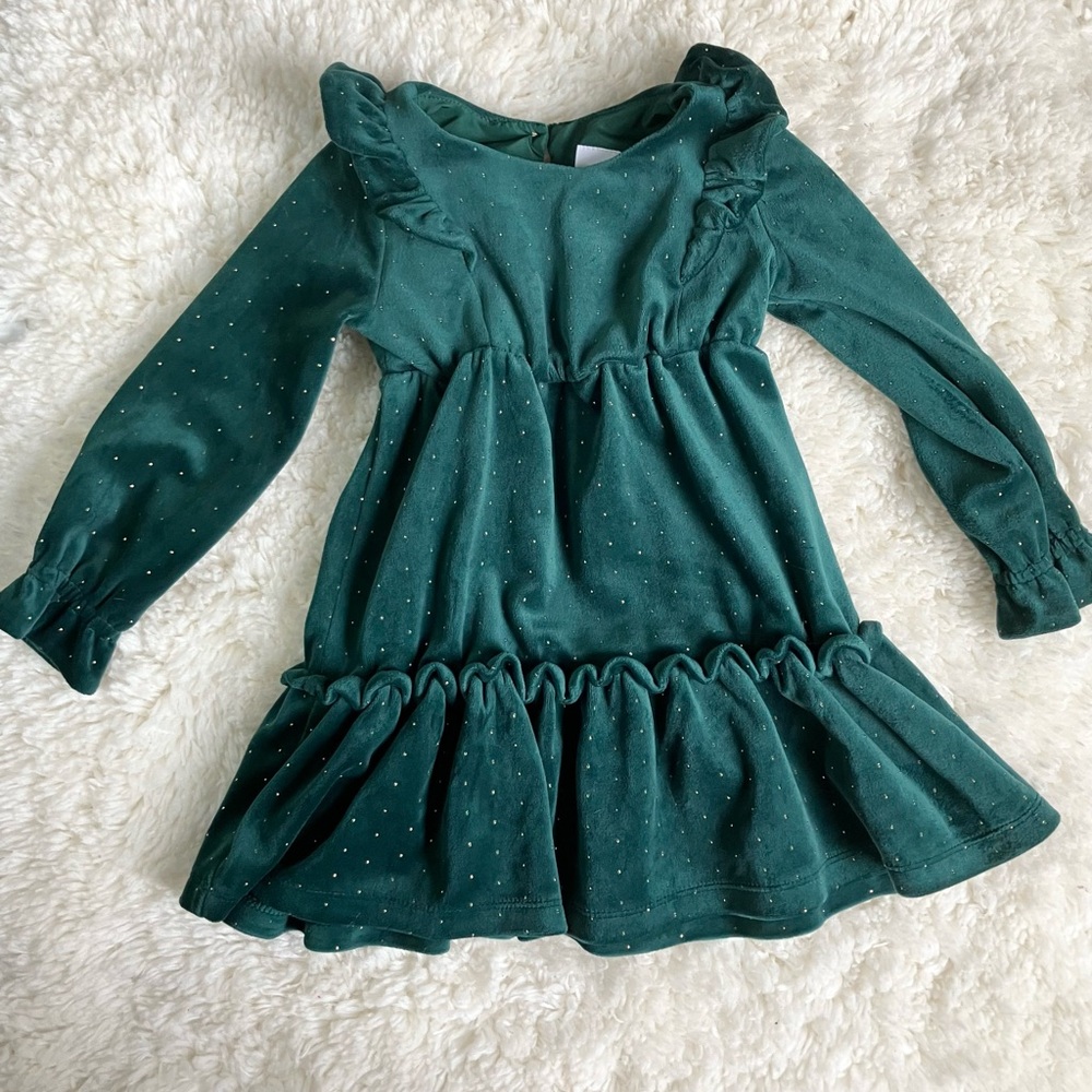 Girls Toddler 3T Green Velvet Holiday Party Christmas Dress Gold‎ Ruffles